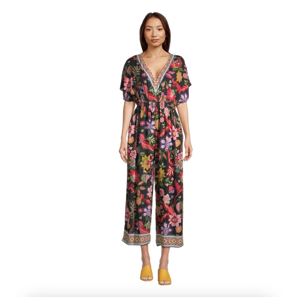 World Market Sz L/XL Misha Wide Leg Jumpsuit Black Pink Floral Pockets Boho